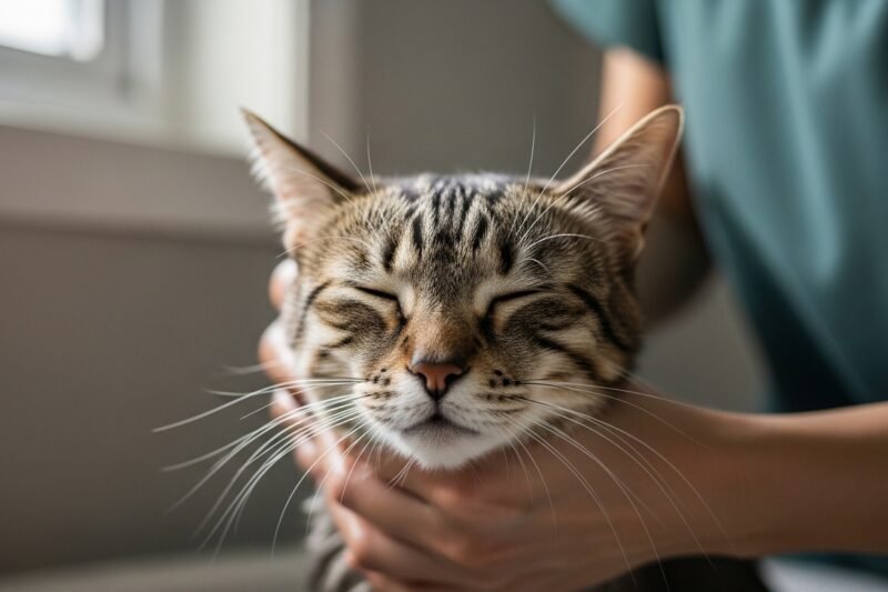 A cat who can’t groom itself falls asleep during bath time
